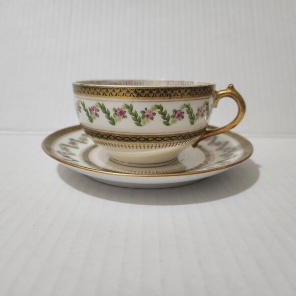 Goa France Che Field Haviland Limoges Cup with Saucer Rose Garland Green Gold - Picture 2 of 14